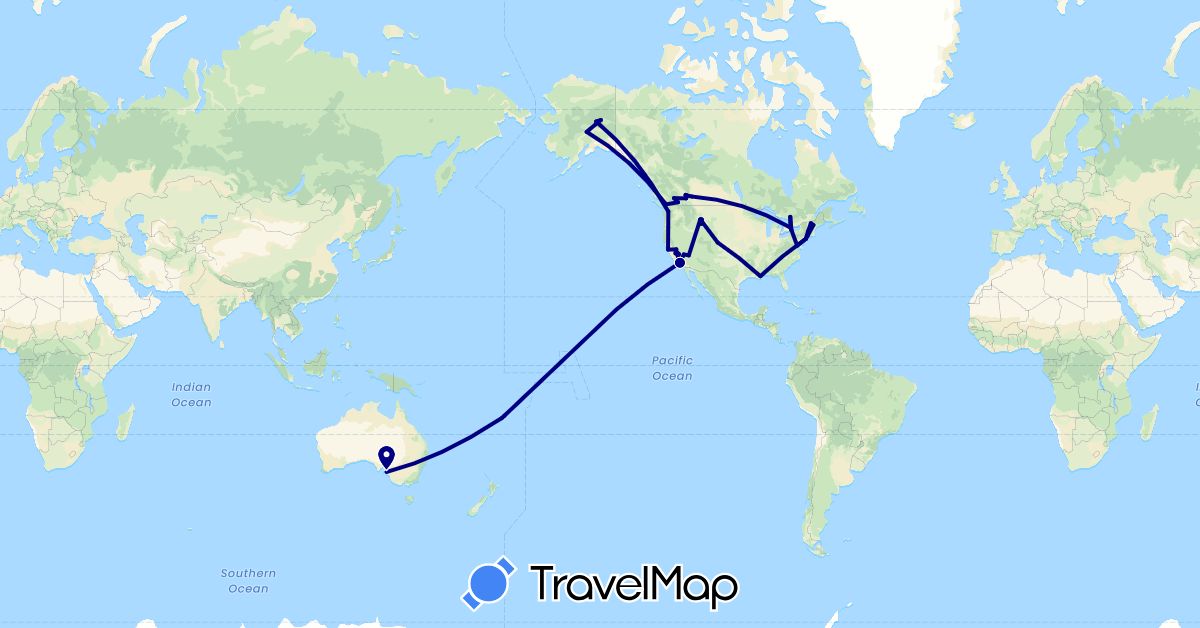 TravelMap itinerary: driving in Australia, Canada, Fiji, United States (North America, Oceania)
